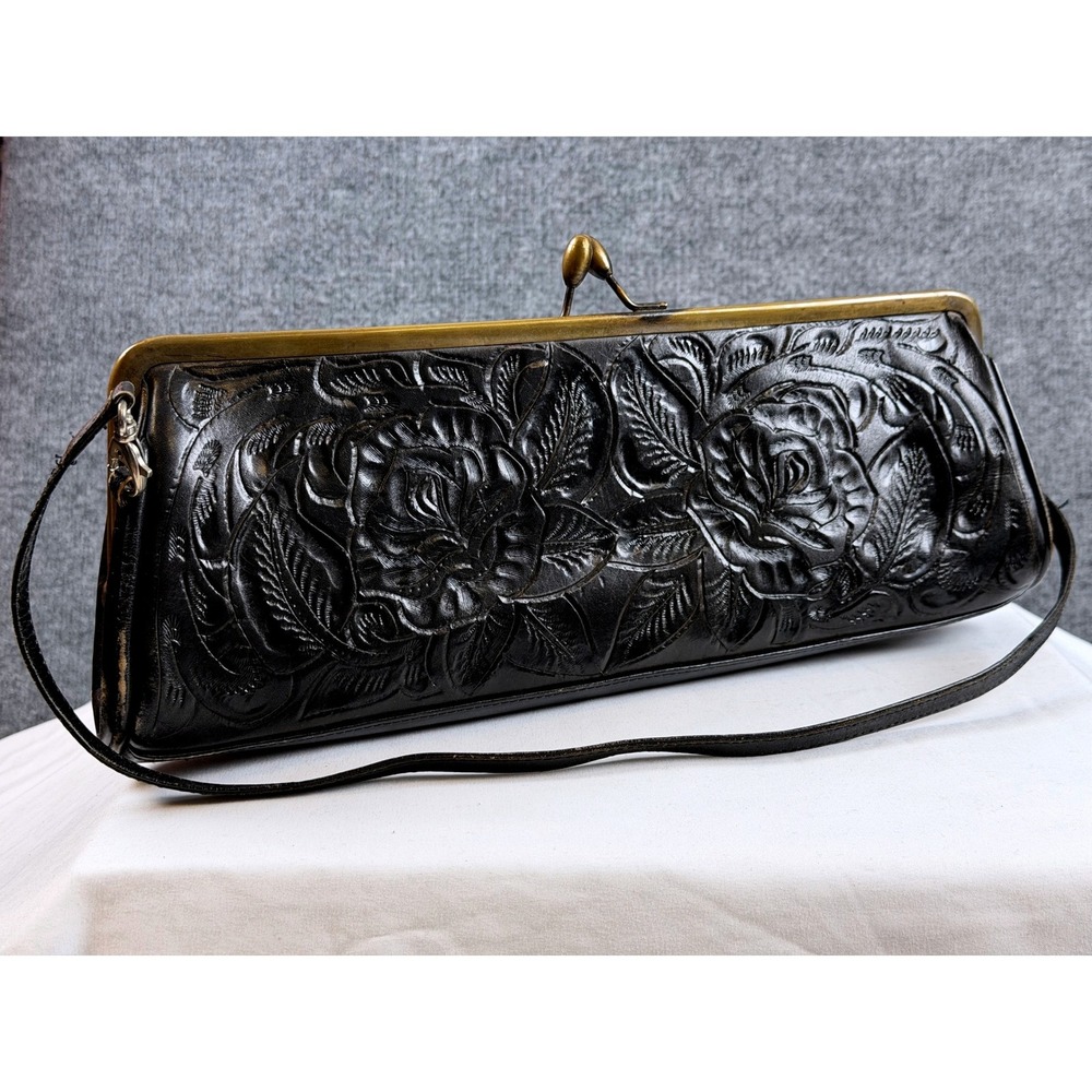 VTG Alexis David Black Tooled Leather Floral Kiss Lock Clutch Shoulder Bag Purse